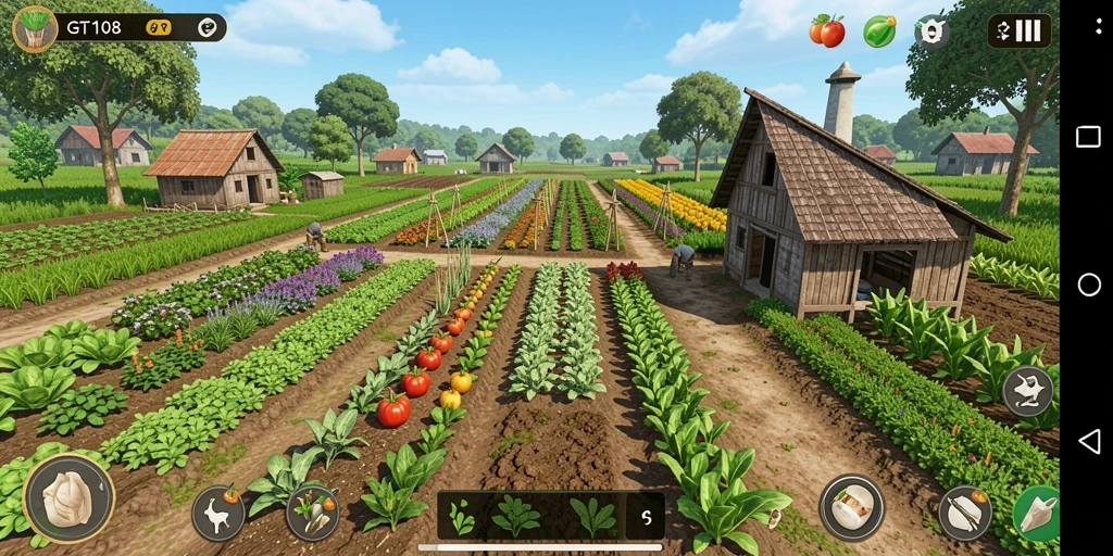 Screenshot gameplay GT108 yang menunjukkan proses bertani dan panen.