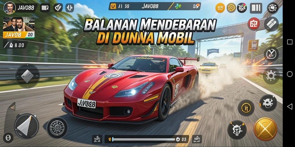 Screenshot utama gameplay JAVO88 dengan aksi balapan yang intens.