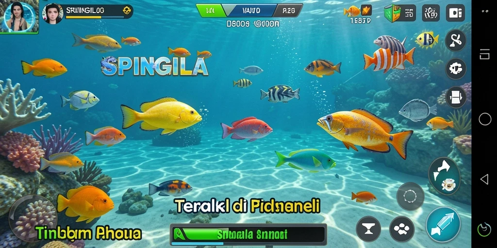 Tangkapan layar SPINGILA menampilkan aksi seru dalam menembak ikan.